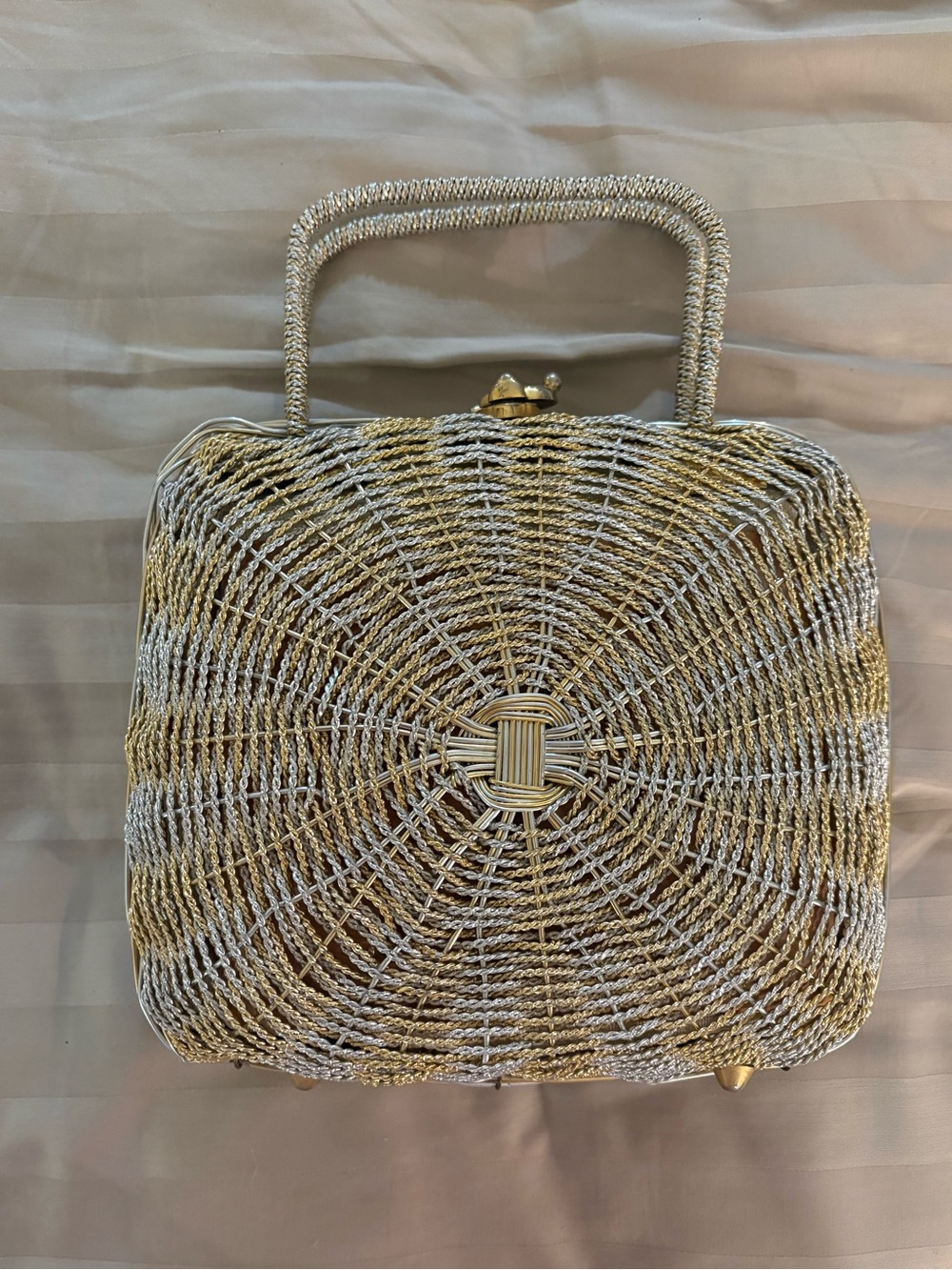 Vintage Koret Italian Woven Metallic Gold and Silver Box Handbag